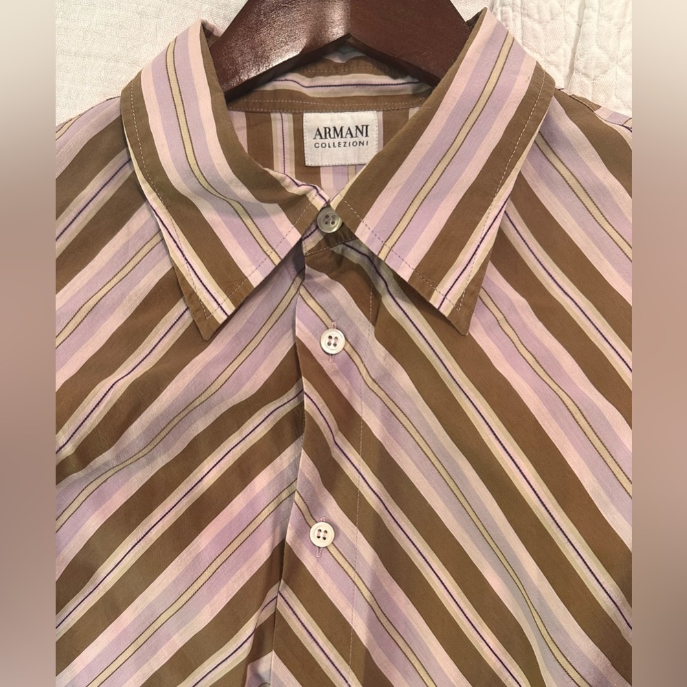 MENS Armani Collezioni Vintage Lavender Brown Stripe Button-Up Cotton Shirt - L